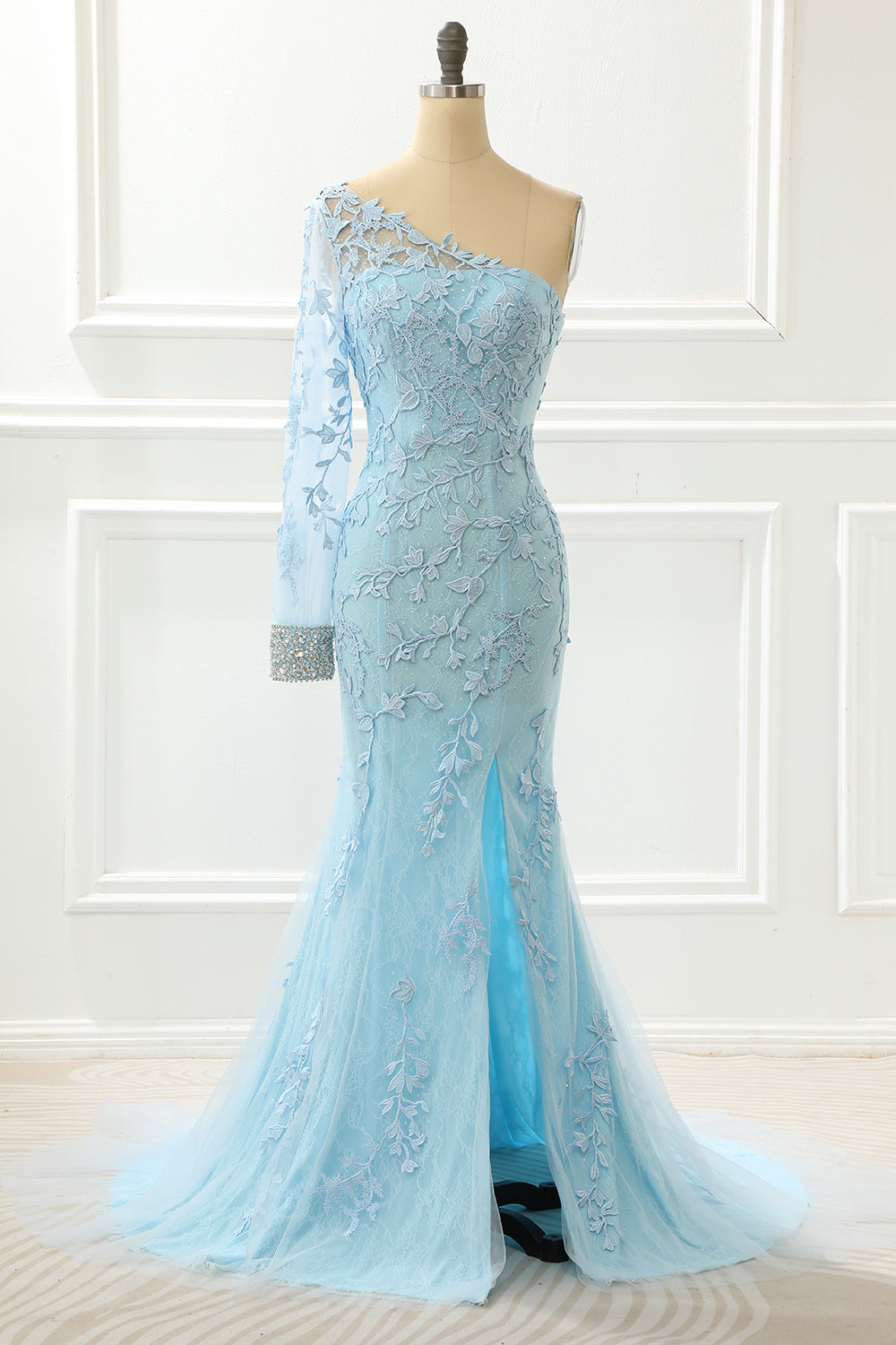Luolandi One Shoulder Sky Blue Mermaid Prom Dress With Appliques Long Sleeve