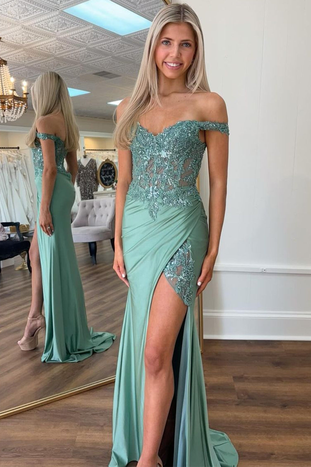Luolandi Green Mermaid Appliqued Off The Shoulder Corset Long Prom Dress With Slit Evening Dress
