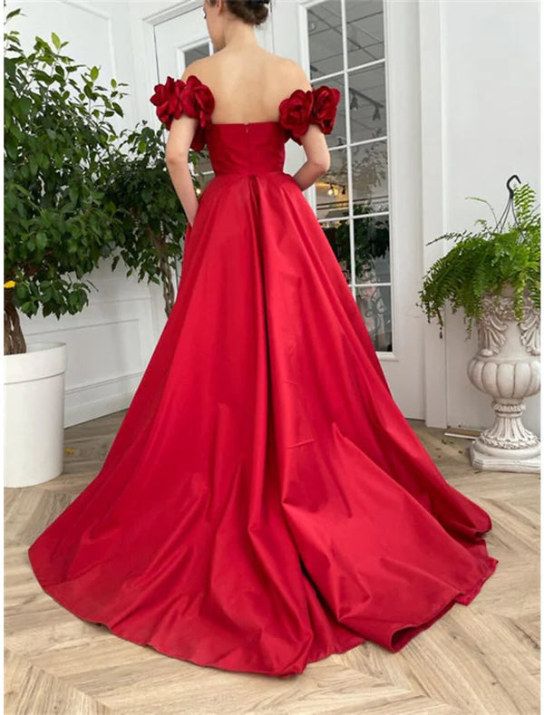 Luolandi A-Line Prom Dresses Sexy Dress Wedding Guest Wedding Party Court Train Short Sleeve Off Shoulder Taffeta with Buttons Slit And Flowers