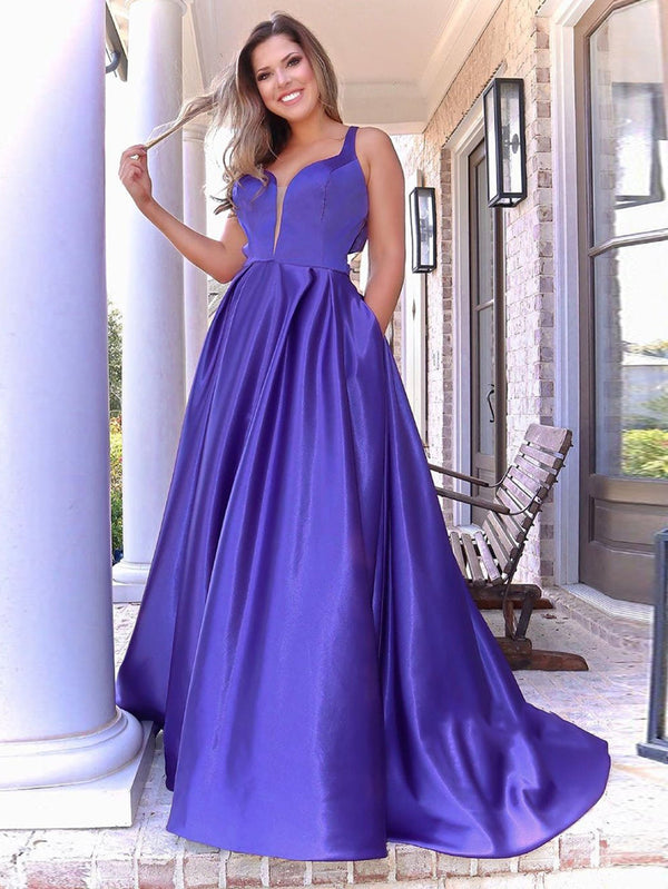 Luolandi A Line V Neck Long Purple Prom Dress Sexy Evening Dress Floor Length With Bow