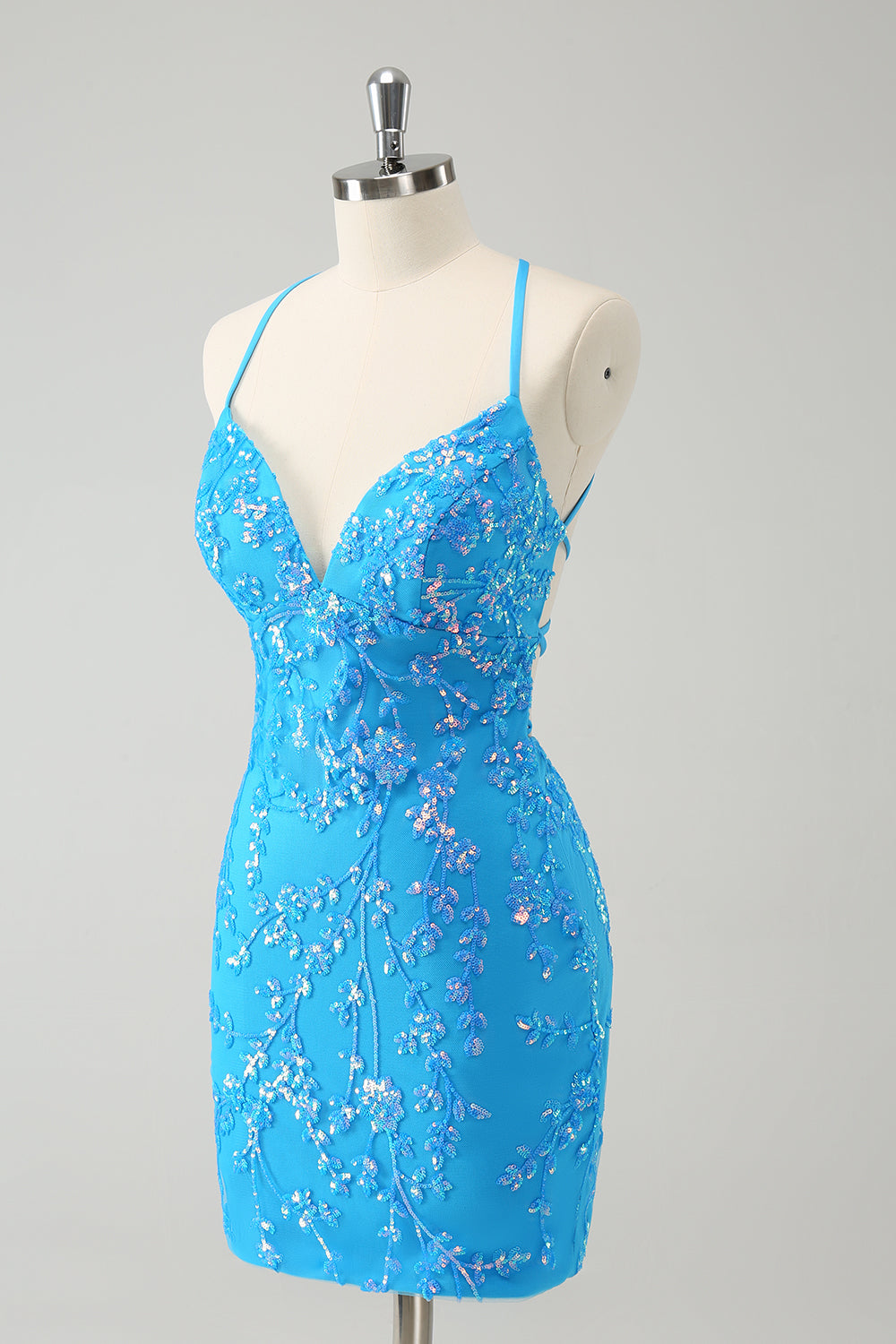 Luolandi Sequined Sky Blue Tight Short Homecoming Dress V-neck Sparkly Party Dress