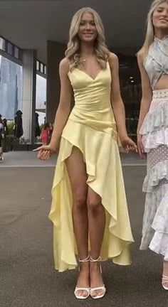 Luolandi Yellow High-Low Spaghetti Straps Prom Dress Party Dress Solid Color Formal Dress