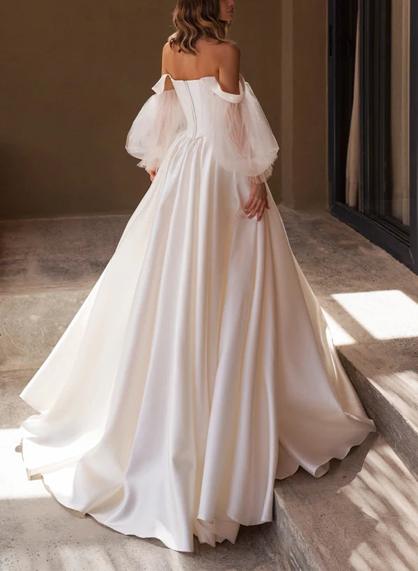 Luolandi A-Line Off-The-Shoulder Long Sleeves Satin Wedding Dresses With Pleated Elegant