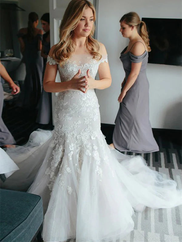 Luolandi Marvelous Tulle Mermaid Wedding Dresses With Appliques Off Shoulder Floor Length