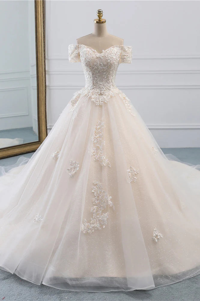 Luolandi Princess Off The Shoulder Tulle Wedding Dress With Lace Appliques Floor Length Elegant