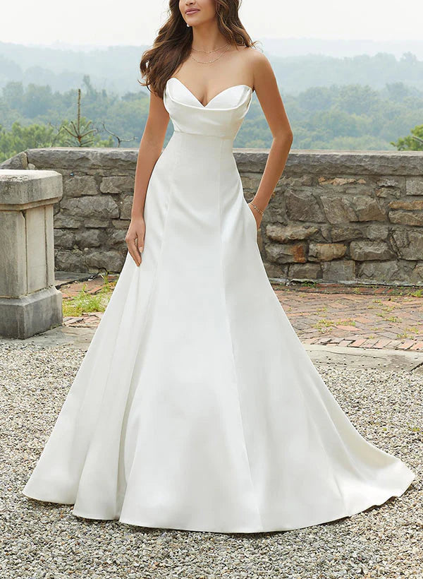 Luolandi Sweetheart Sleeveless A-Line Satin Wedding Dresses With Sweep Train Off Shoulder Simple