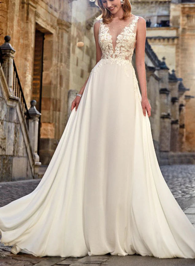 Luolandi Boho Lace A-Line Open Back Wedding Dresses Sleeveless Floor Length Elegant Sexy