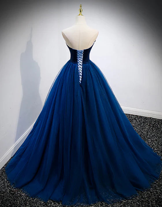 Luolandi A-Line Princess Blue Sweetheart Tulle and Velvet Long Party Dress Evening Dress Prom Dress Off Shoulder