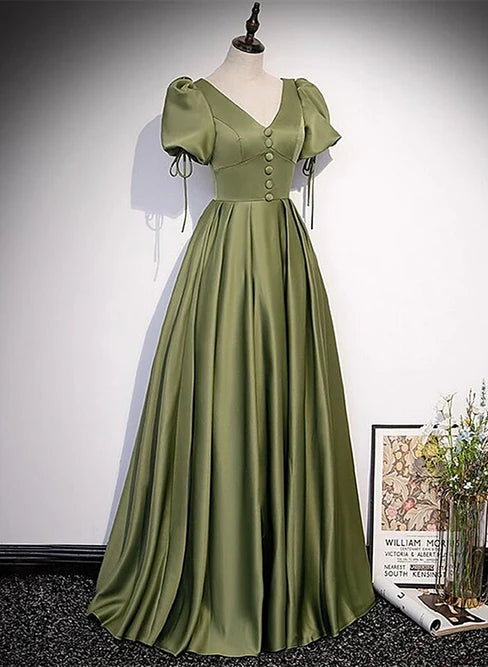 Luolandi Green Satin A-line Puffy Sleeves A-line Prom Dress V-neck Simple Long Formal Party Gown Elegant Evening Dress