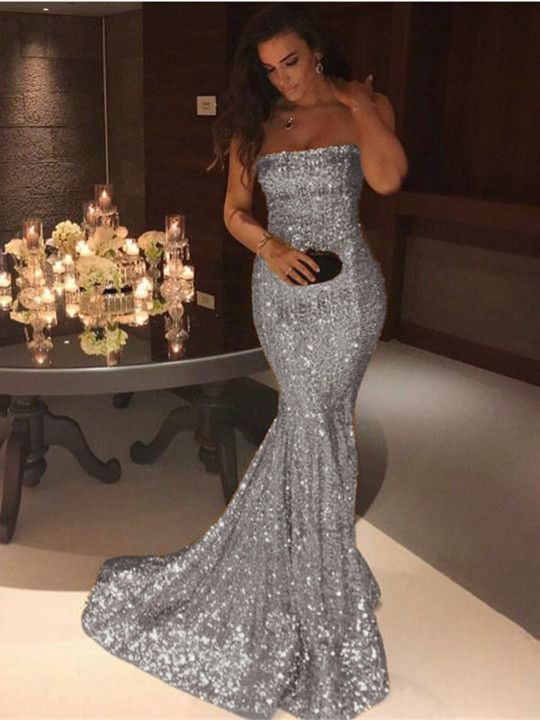 Luolandi Strapless Sequin Mermaid Evening Dress Off Shoulder Sparkly Party Dress Floor Length