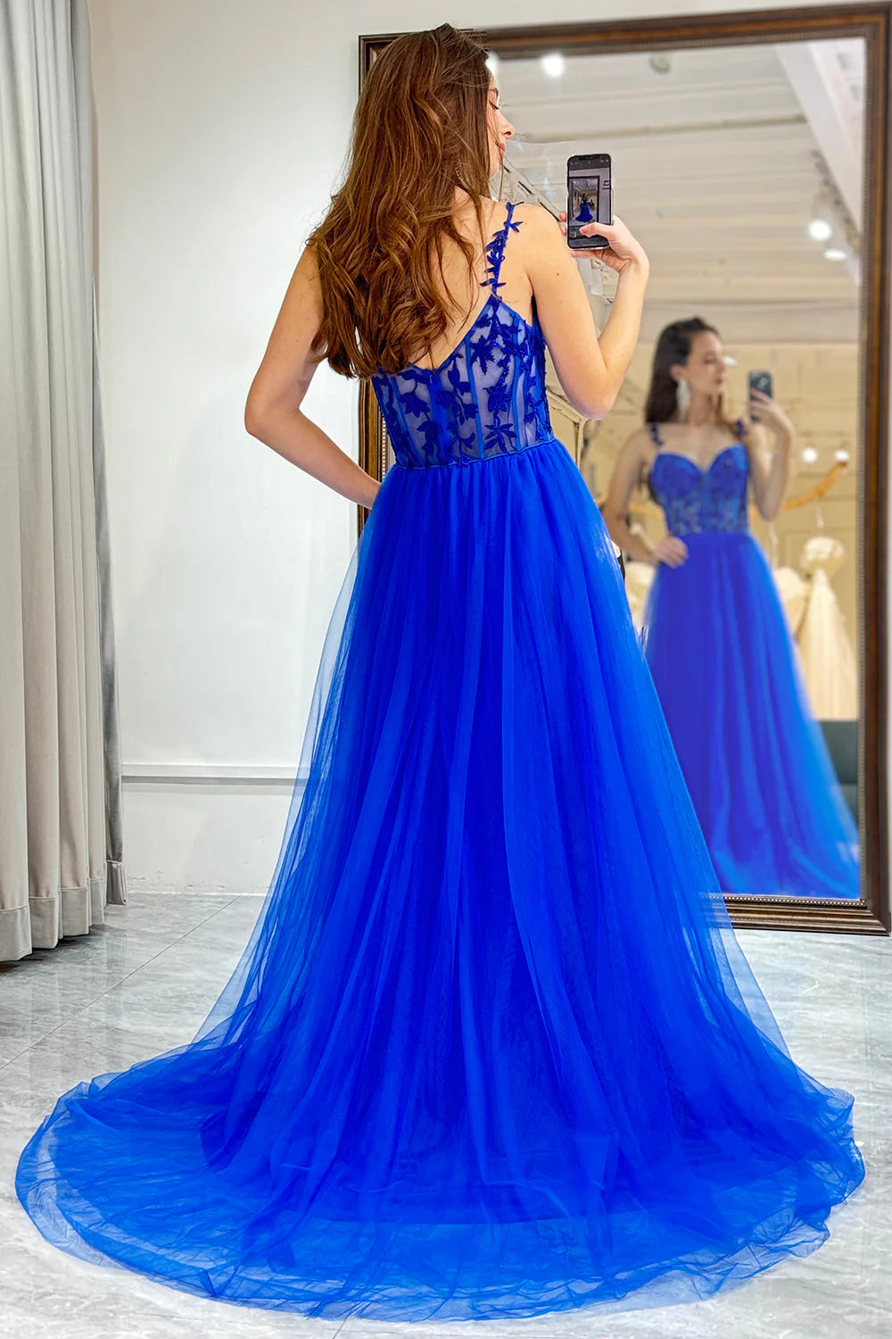 Luolandi Royal Blue Prom Dress Spaghetti Straps A-Line Corset Evening Dress Floor Length