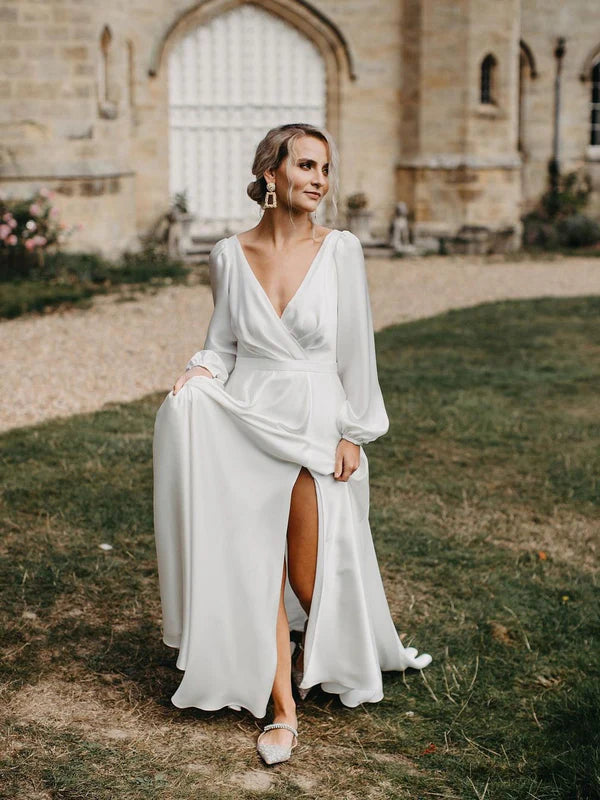 Luolandi Simple Slit V-Neck Backless Satin Chiffon Wedding Dresses A-line Long Sleeves Bridal Gown