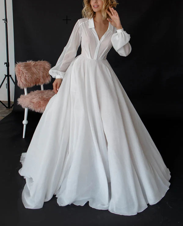 Luolandi Ball-Gown Long Sleeves Court Train Wedding Dresses With Front Split V-neck Floor Length Simple
