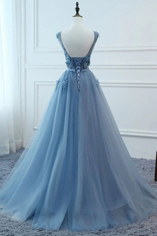 Luolandi Blue v neck tulle lace long prom dress evening dress A Line Sleeveless with Appliques