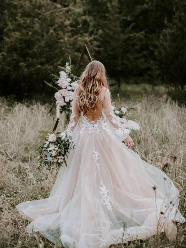 Luolandi Dreamy Long Sleeves A-line Wedding Dresses Applique Tulle Backless Bridal Gowns Charming