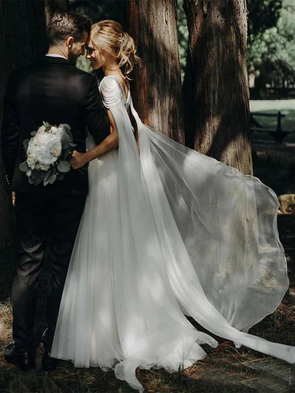 Luolandi Exquisite Tulle Wedding Dresses Long A-line Bridal Gowns With Pearls Charming Bridal Gown