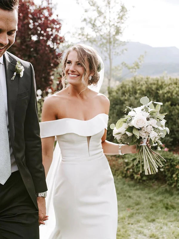 Luolandi Elegant Off-The-Shoulder Satin Long Wedding Dresses Mermaid Simple Bridal Gowns