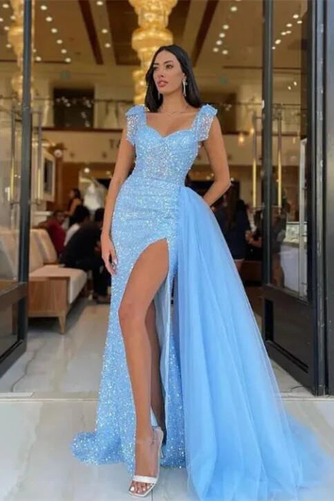 Luolandi Vintage Sky Blue Sweetheart Straps Sequins Slit Mermaid Evening Dress Tulle With Detachable Ruffles Off Shoulder