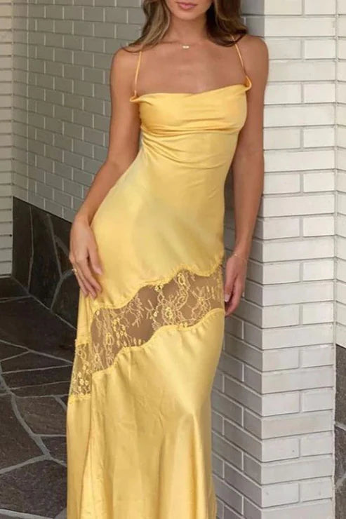 Luolandi Elegant Yellow Satin Lace Splicing Long Prom Dress Charming Evening Party Dress Formal Dress