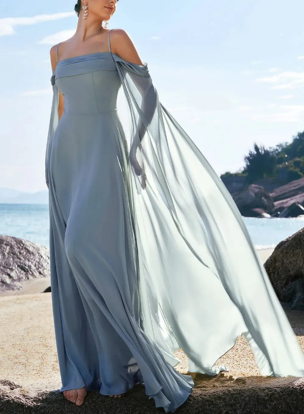 Luolandi Light Green Cold Shoulder A-Line Chiffon Watteau Train Bridesmaid Dress Charming Evening Party Dress Formal Dress