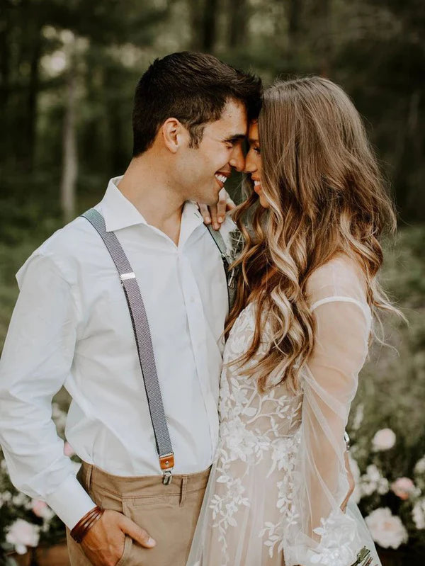 Luolandi Dreamy Long Sleeves A-line Wedding Dresses Applique Tulle Backless Bridal Gowns Charming