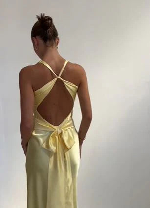 Luolandi Yellow V Neck Backless Elegant Party Dress Wedding Guest Dress Sexy Evening Dress