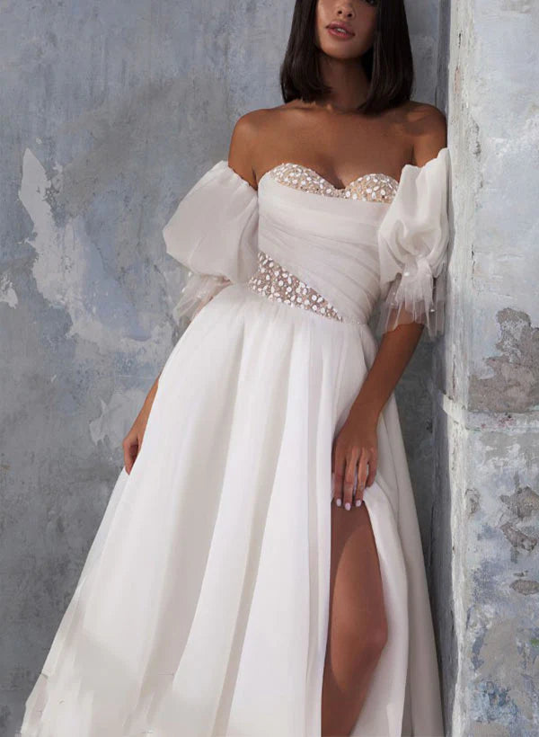 Luolandi Sweetheart Short Sleeves Court Train Tulle Wedding Dress With Split Front Off Shoulder