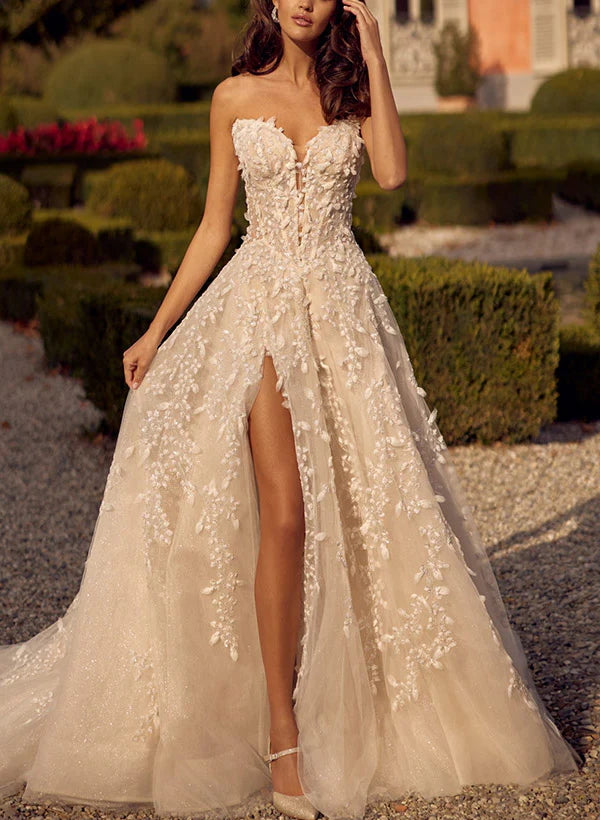 Luolandi Sleeveless Lace Wedding Dresses With Appliques Lace Off Shoulder Elegant With Slit