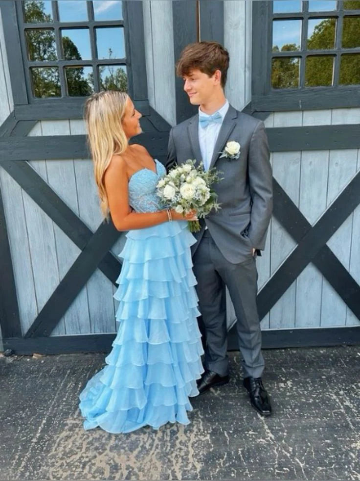 Luolandi Light Blue Sweetheart A-Line Tiered Choffon Long Party Dress Off Shoulder Prom Dress Evening Dress