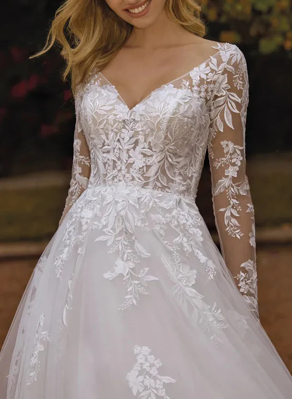 Luolandi V-Neck A-Line Wedding Dresses With Long Sleeves Lace/Tulle And Appliques Lace Elegant