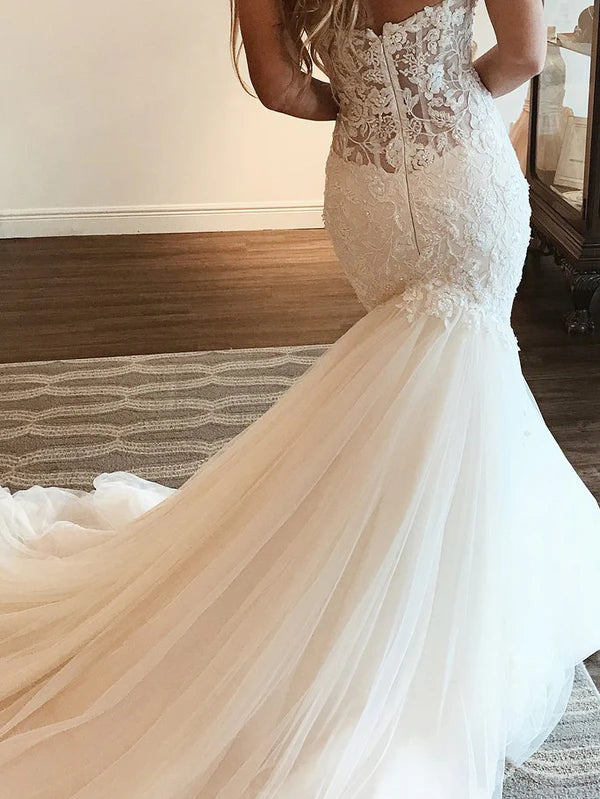 Luolandi Beautiful Off-The-Shoulder Strapless Tulle Mermaid Long Wedding Dresses With Beaded Appliques Sexy