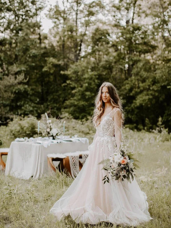 Luolandi Dreamy Long Sleeves A-line Wedding Dresses Applique Tulle Backless Bridal Gowns Charming