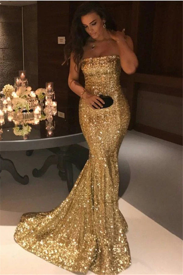 Luolandi Strapless Sequin Mermaid Evening Dress Off Shoulder Sparkly Party Dress Floor Length