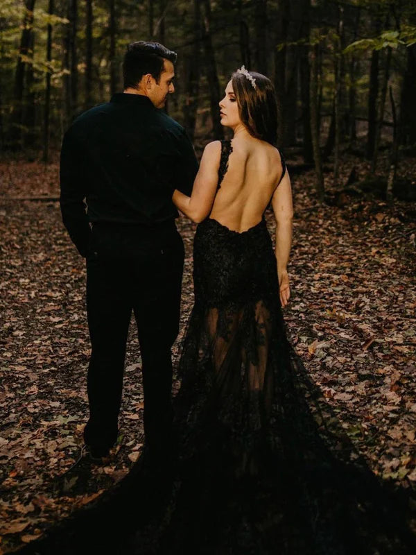 Luolandi Black Tulle V-Neck Illusion Backless Mermaid Lace Wedding Dresses Sexy