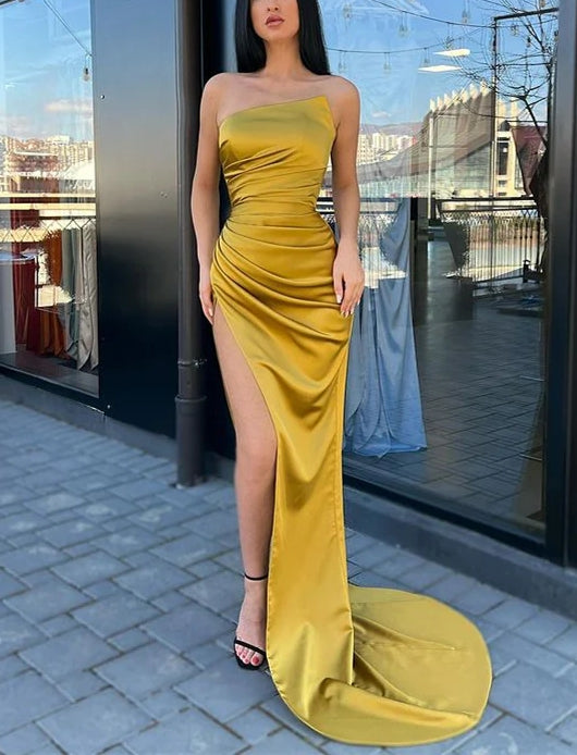 Luolandi Strapless Mermaid Evening Dress Long Charmeuse With Split Sexy Party Dress Formal Dress