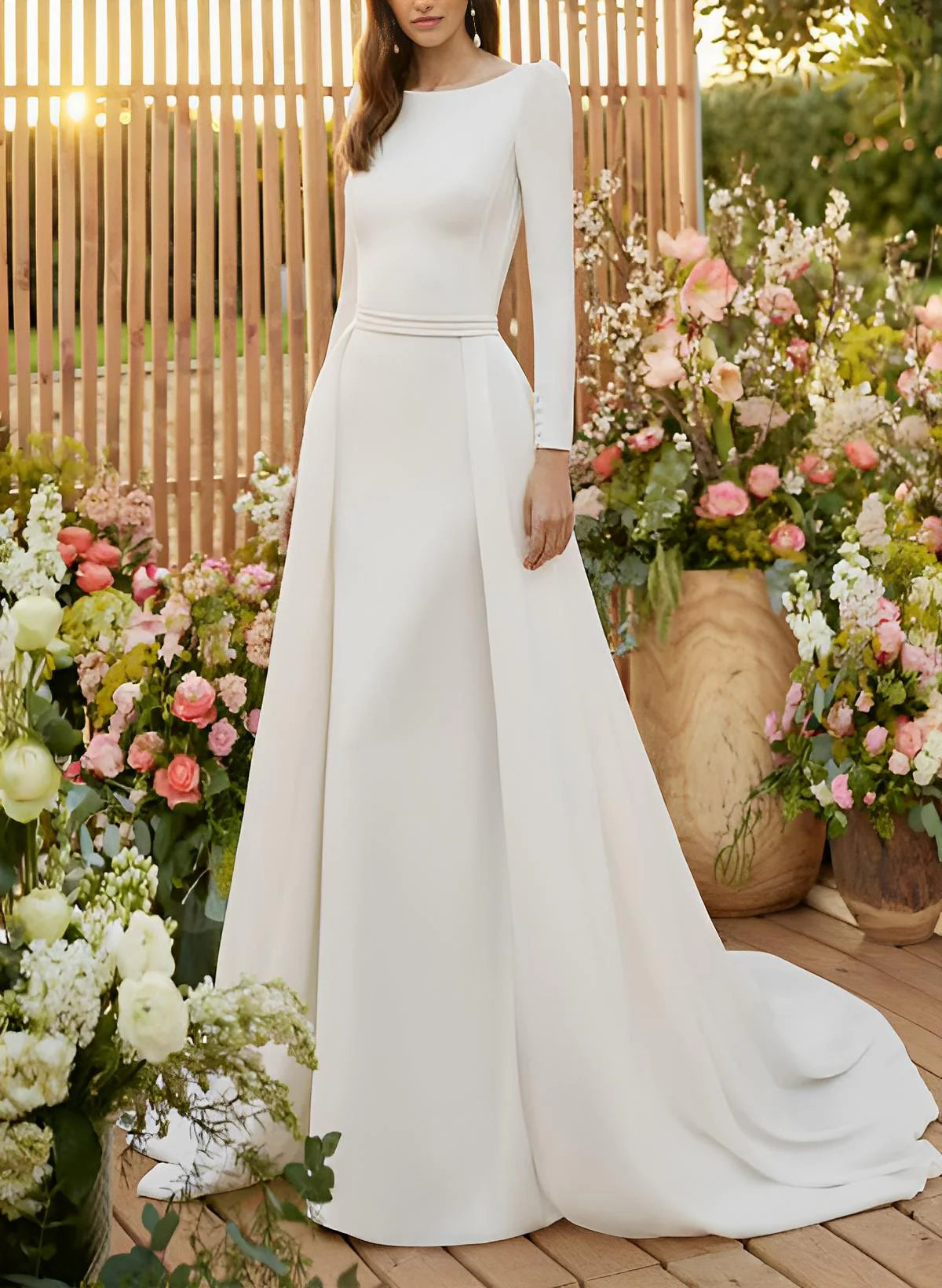 Luolandi Satin Wedding Dresses Scoop Neck Long Sleeves Court Train Floor Length Elegant