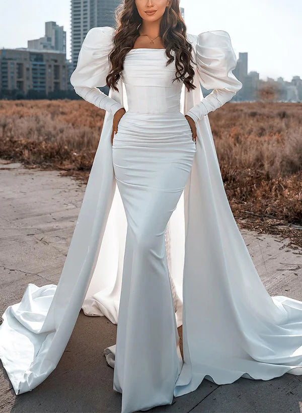 Luolandi Square Neckline Long Sleeves Sweep Train Wedding Dresses Floor Length Solid Color Elegant