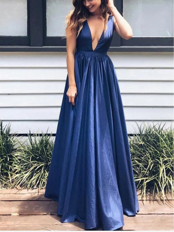 Luolandi Exquisite Deep-v A-line Prom Dresses Satin Sweep Train Gowns Sexy Evening Party Dress Party Dress