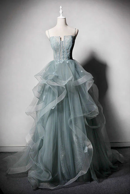 Luolandi Green tulle lace long prom dress evening dress A Line Formal Dress with Appliques