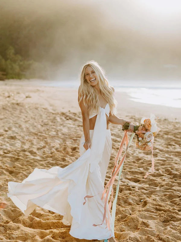 Luolandi Sexy Satin Two-pieces A-line Straight Sleeveless High-Waist Strapless Sweep Train Wedding Dresses Simple