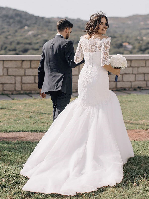 Luolandi Mermaid Appliqued Off-Shoulder Sweep Train Lace Wedding Dresses Elegant Bridal Gown