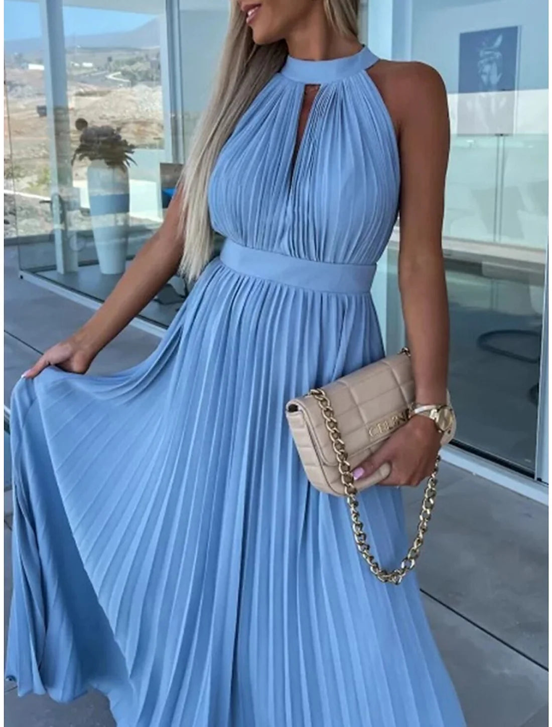 Luolandi Women's Long Dress Maxi Dress Party Dress Casual Dress Summer Dress Pure Color Streetwear Casual Outdoor Holiday Going out Ruched Pleated Sleeveless Halter Neck Dress Slim Pink Blue