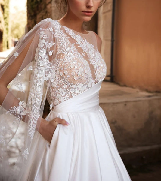 Luolandi A-Line Sweep Train Satin Wedding Dresses With Appliques Lace Elegant Floor Length