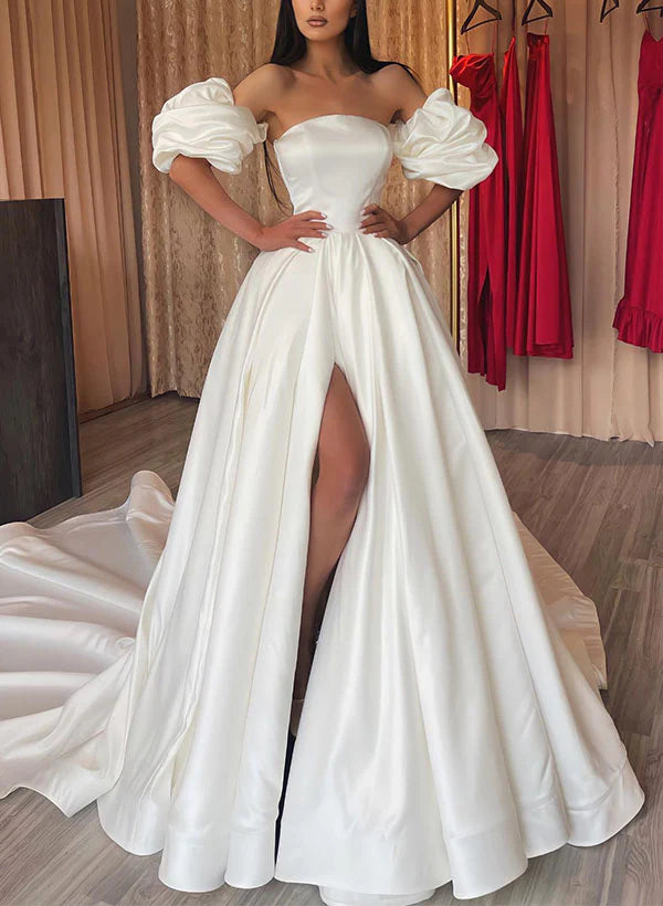 Luolandi Strapless Sleeveless Court Train A-Line Wedding Dresses Off Shoulder Floor Length With Slit