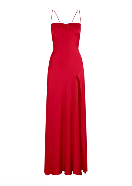 Luolandi Red A-Line Spaghetti Straps Long Prom Dress with Slit Yellow Formal Dress Simple Evening Party Dress
