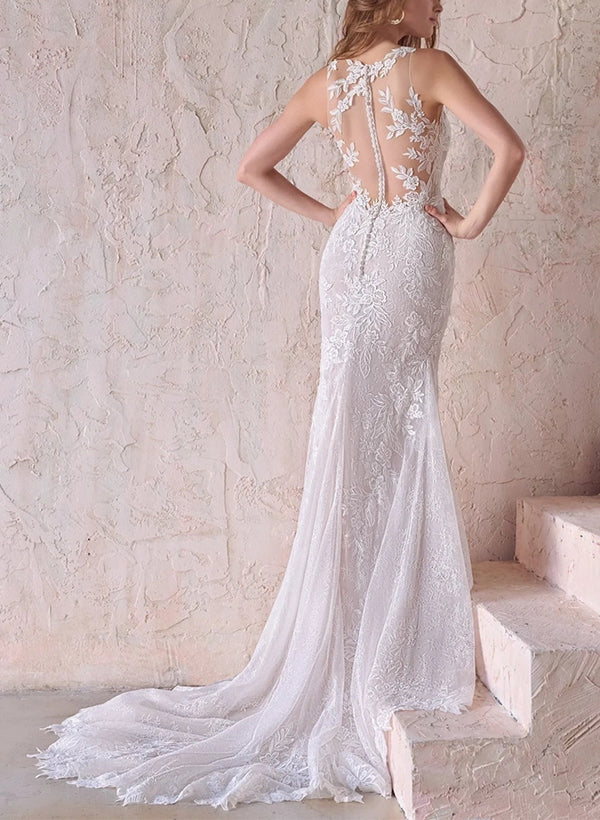 Luolandi Elegant Lace/Tulle Wedding Dresses With Trumpet/Mermaid Illusion Neck Floor Length Elegant