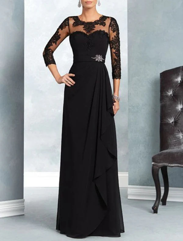 Luolandi A-Line Mother of the Bride Dress Wedding Guest Party Elegant Jewel Neck Floor Length Chiffon Lace 3/4 Length Sleeve with Sash / Ribbon Appliques Black