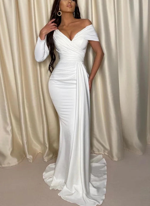 Luolandi Chic Evening Dress One Shoulder Off The Shoulder With Pleats V-neck Sexy Party Dress