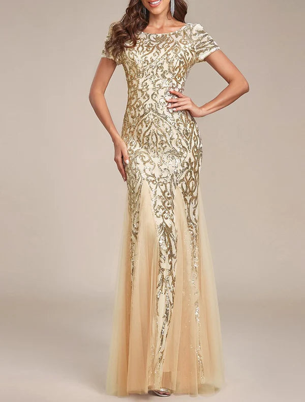 Luolandi Mermaid / Trumpet Wedding Guest Dresses Floral Dress Prom Wedding Party Floor Length Sleeveless Jewel Neck Sequined with Sequin Sparkly Evening Dress