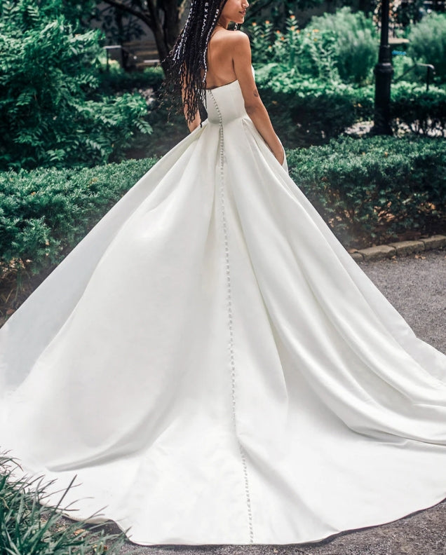 Luolandi Satin Strapless Ball-Gown Wedding Dresses Off Shoulder Floor Length With Slit Simple